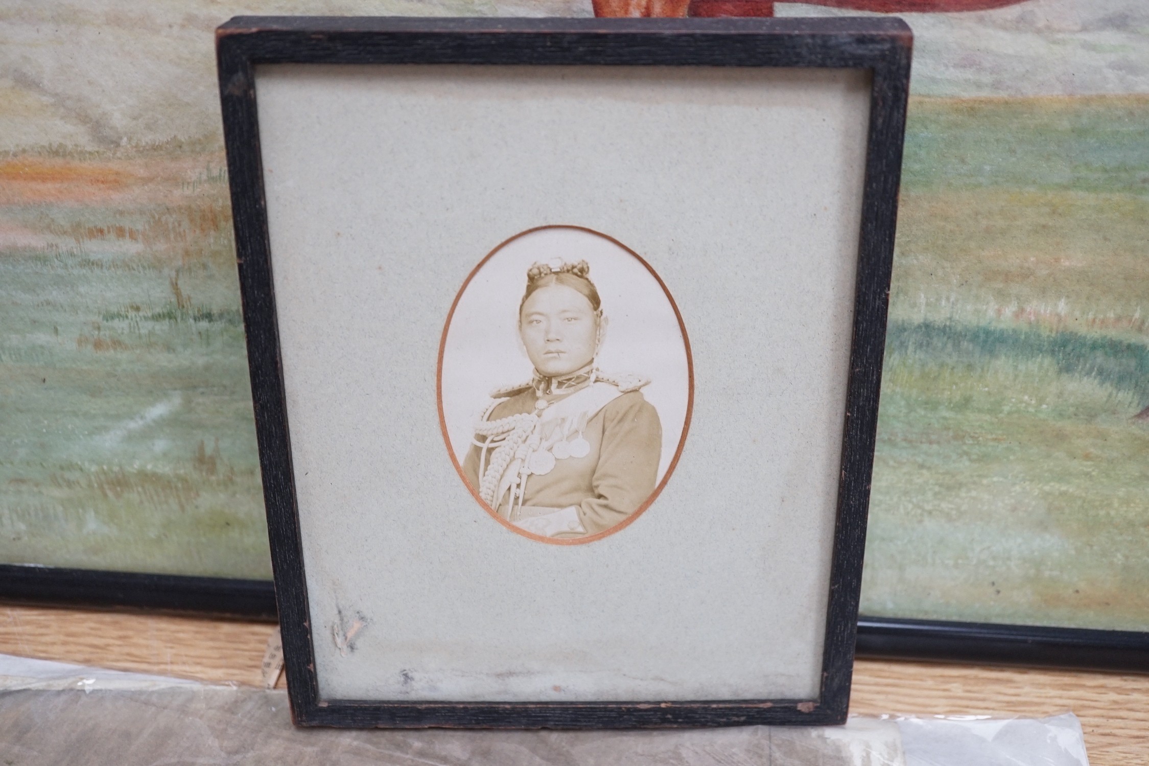 D M & E M Alderson, pair of watercolours, Portraits of racehorses c.1943/48 raced at Calcutta, together with a group of related photographs and ephemera, signed and dated, 38 x 52cm